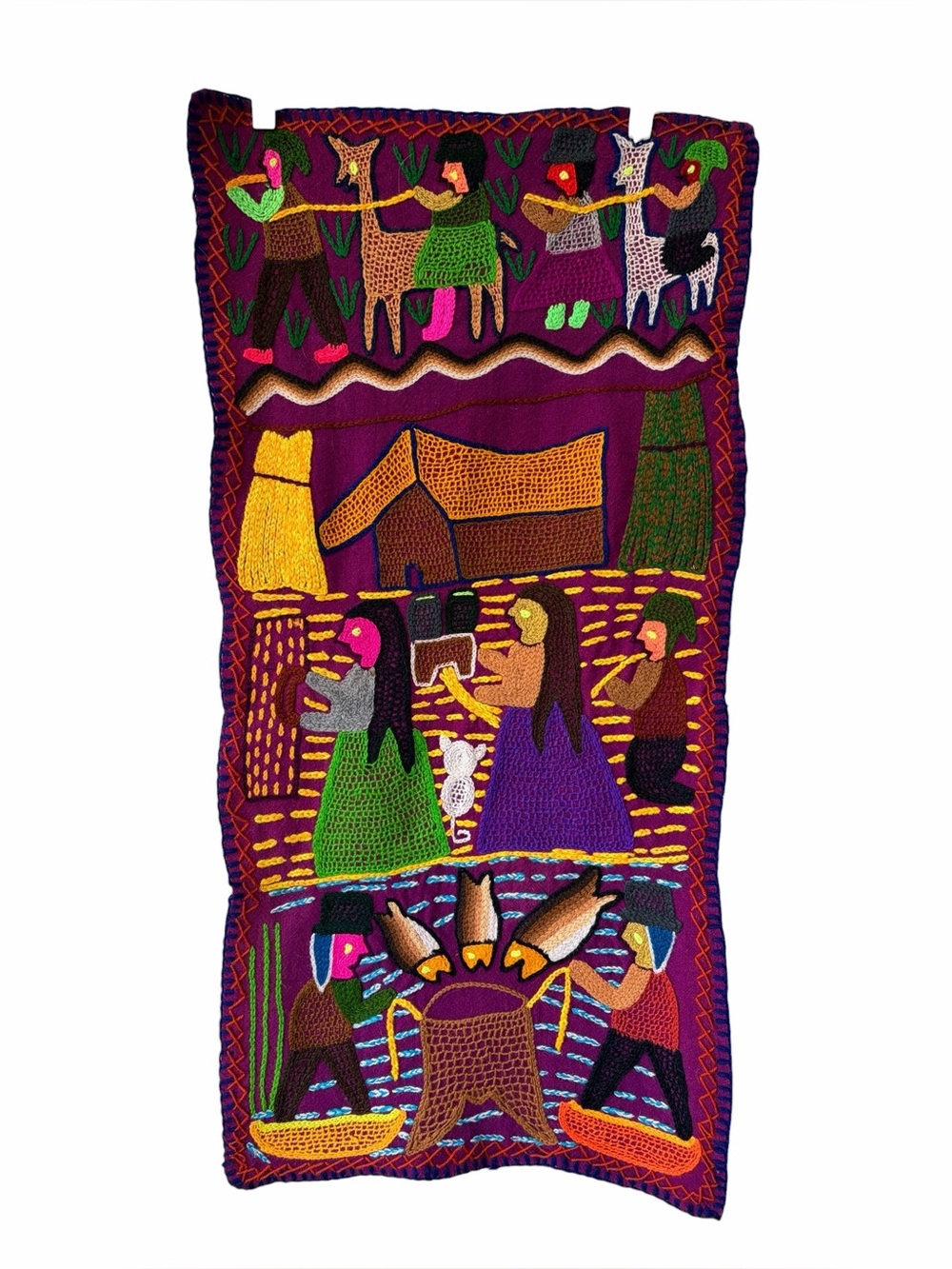 Hand-embroidered tapestry from Lake Titicaca, Peru Vintage Folk Art